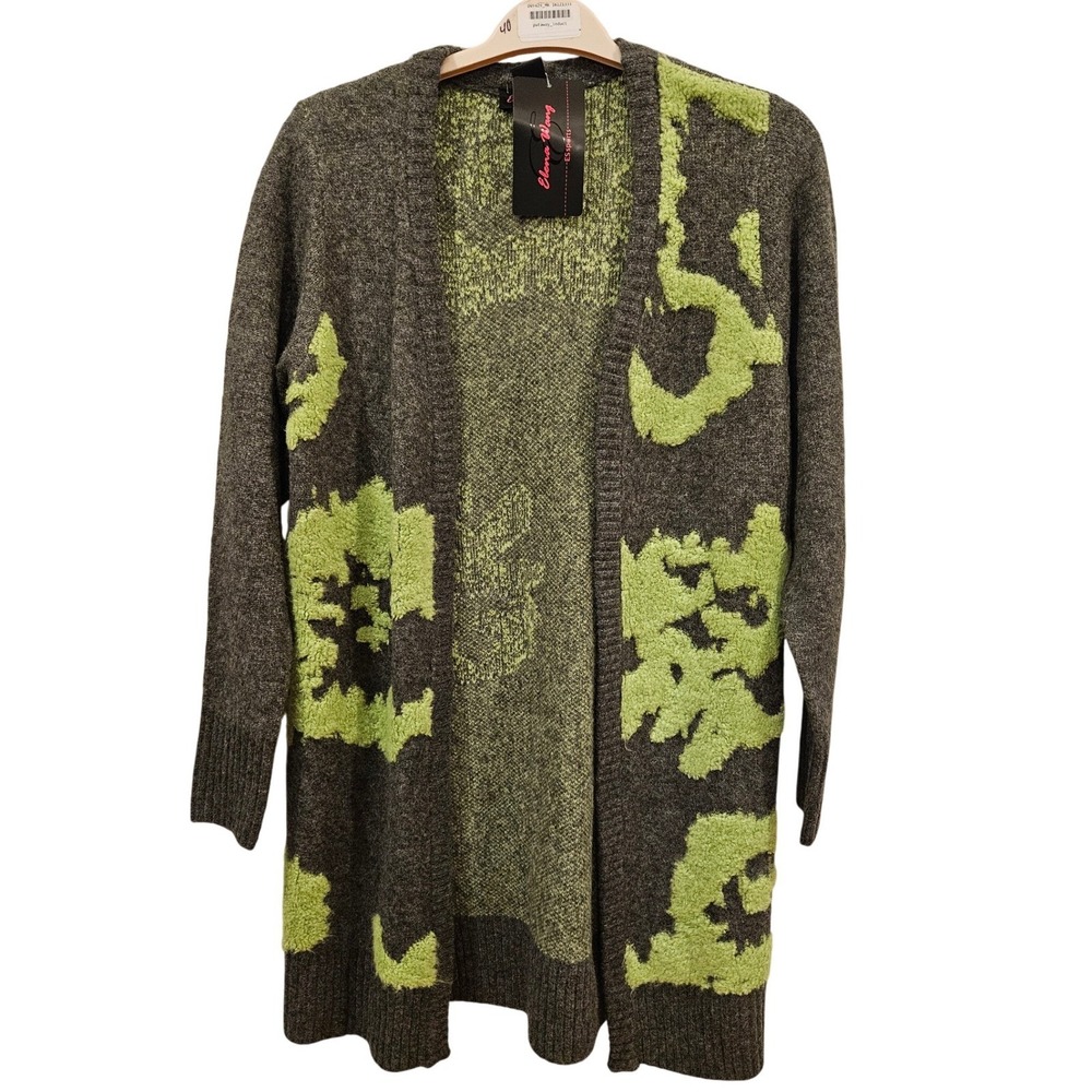 Elena Wang Angora Cardigan‎ Open Front Duster Gray Green Floral S/P Sweater
